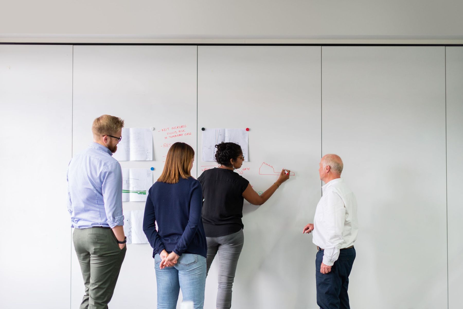 Four colleagues seen from behind at a large whiteboard wall during a planning session